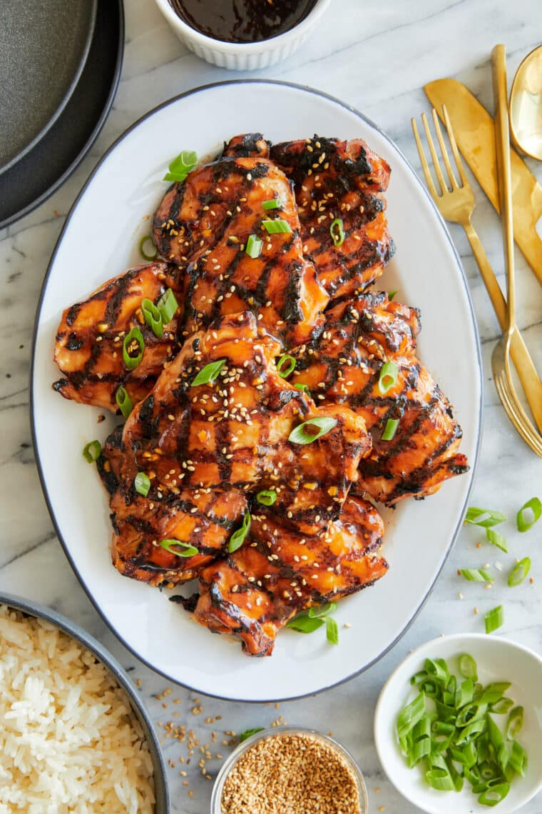 Grilled Teriyaki Chicken - So saucy, so sticky, so so good! And you can prep and marinate everything ahead of time! Serve over rice + veggies.