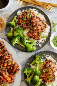 Grilled chicken basted with homemade teriyaki sauce and served on white rice with steamed vegetables.