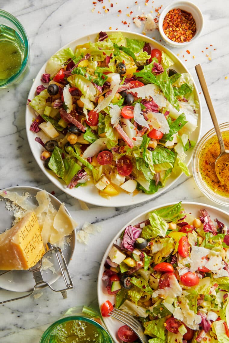 Italian Chopped Salad - Crisp lettuce, cubed mozzarella, and diced salami in a red wine vinaigrette. So colorful, so vibrant, and so so good!