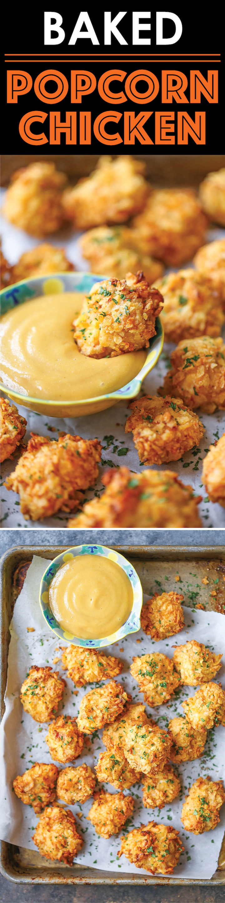 Baked Popcorn Chicken - A healthier alternative to the deep-fried version with the best crispy potato chip crust!! No one will believe that this is baked!