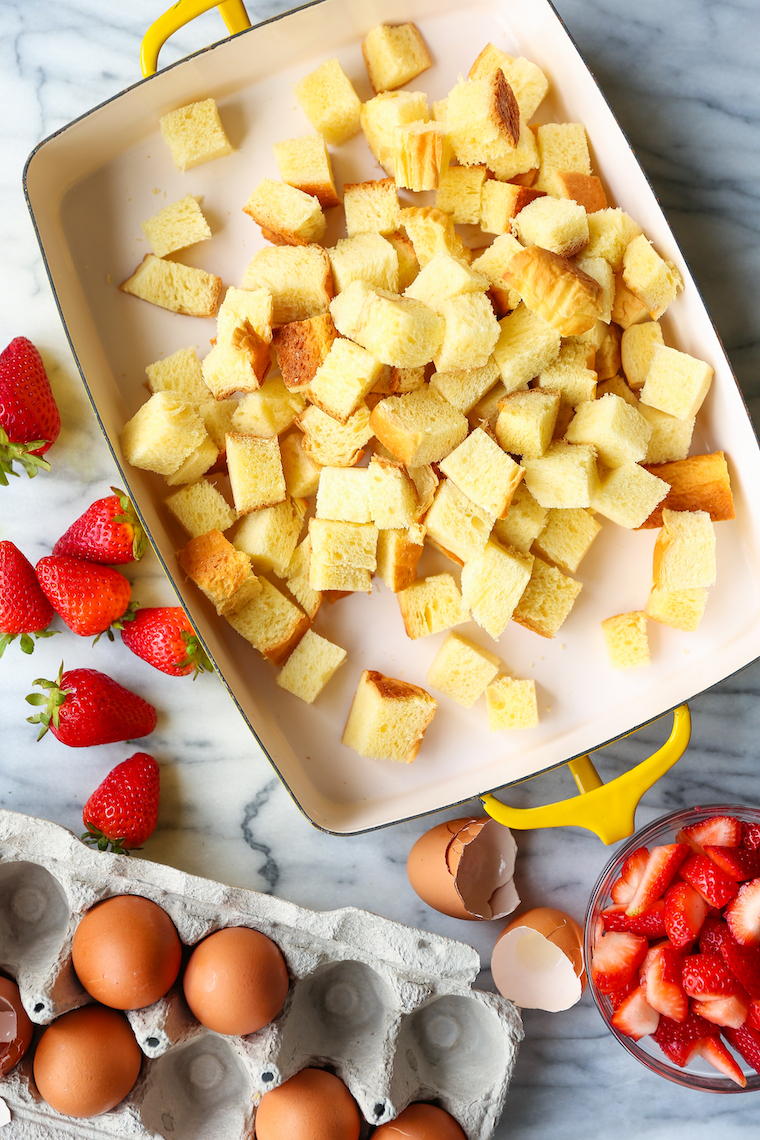 Baked Strawberries and Cream French Toast - The most impressive make-ahead breakfast! So easy with 15min prep. Just pop it right in the oven before serving!