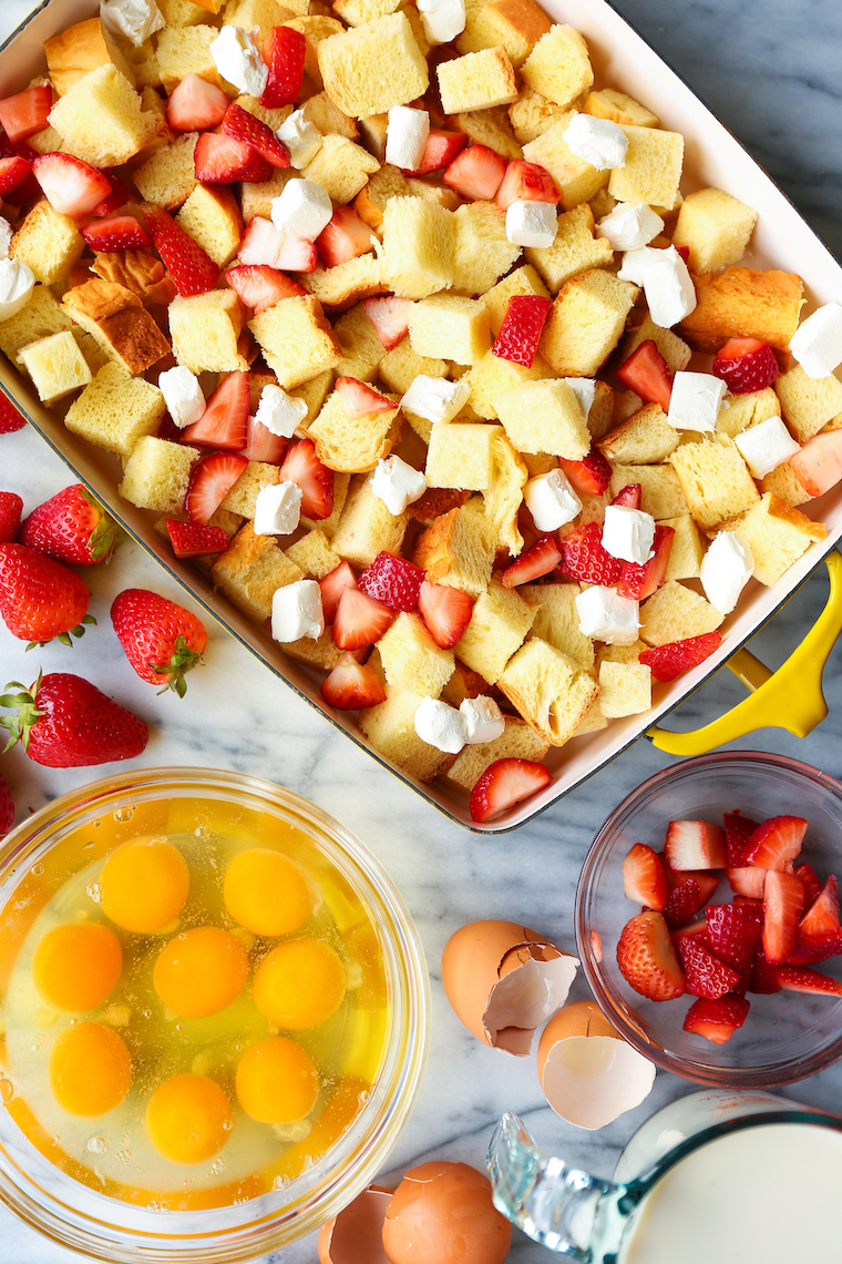 Baked Strawberries and Cream French Toast - The most impressive make-ahead breakfast! So easy with 15min prep. Just pop it right in the oven before serving!