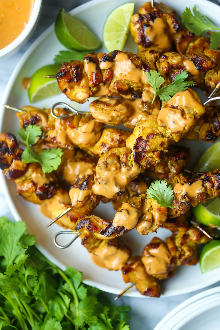 Chicken Satay with Peanut Sauce - Perfectly grilled chicken satay skewers in the most flavorful marinade. Served with THE BEST creamy peanut sauce ever!!!