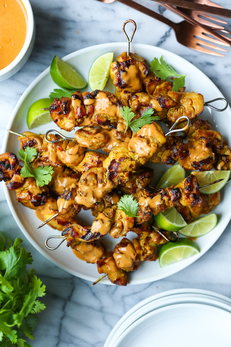 Chicken Satay with Peanut Sauce - Perfectly grilled chicken satay skewers in the most flavorful marinade. Served with THE BEST creamy peanut sauce ever!!!