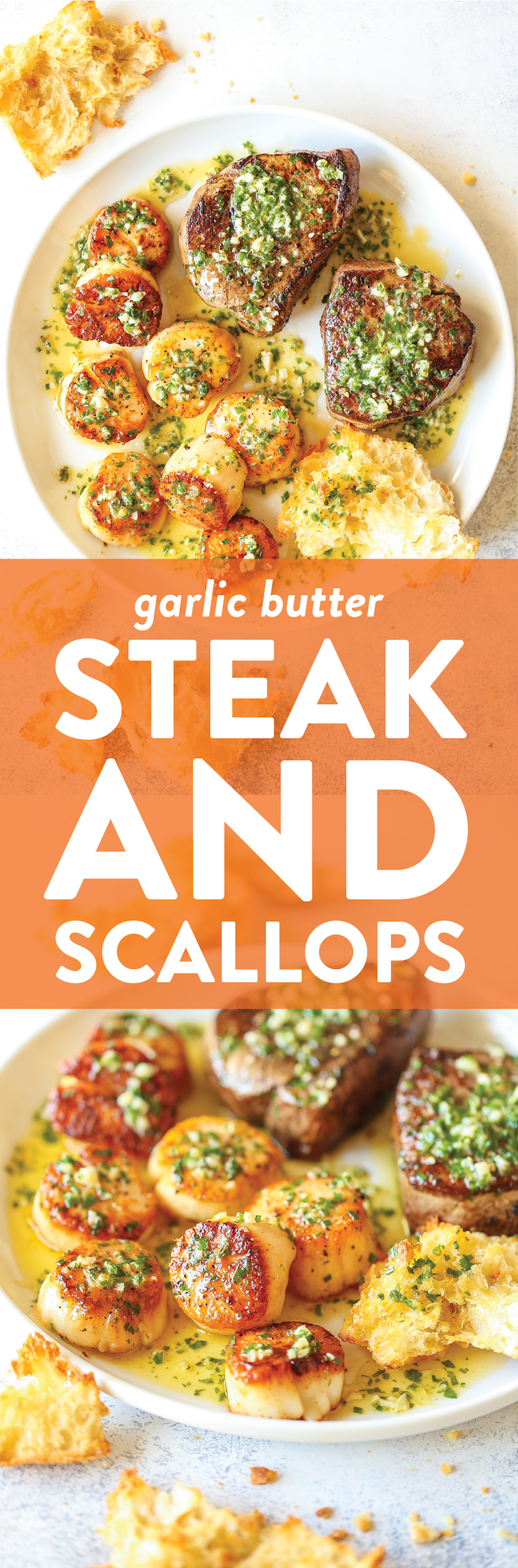 Garlic Butter Steak and Scallops - SURF AND TURF made in less than 30 min! The steak + scallops are so perfectly cooked with the best garlic butter sauce!