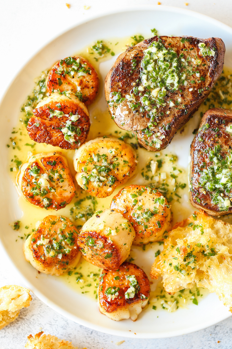 Garlic Butter Steak and Scallops - SURF AND TURF made in less than 30 min! The steak + scallops are so perfectly cooked with the best garlic butter sauce!