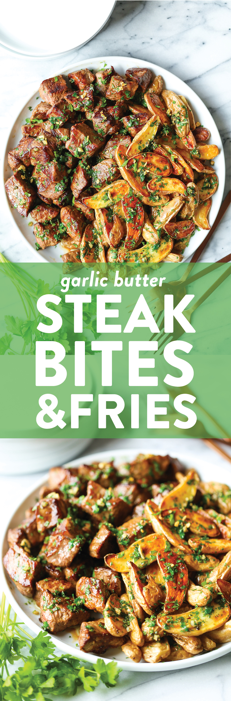 Garlic Butter Steak Bites and Fries - Perfectly garlicky and oh-so-buttery! These steak bites just melt in your mouth, paired with crisp-baked fries!