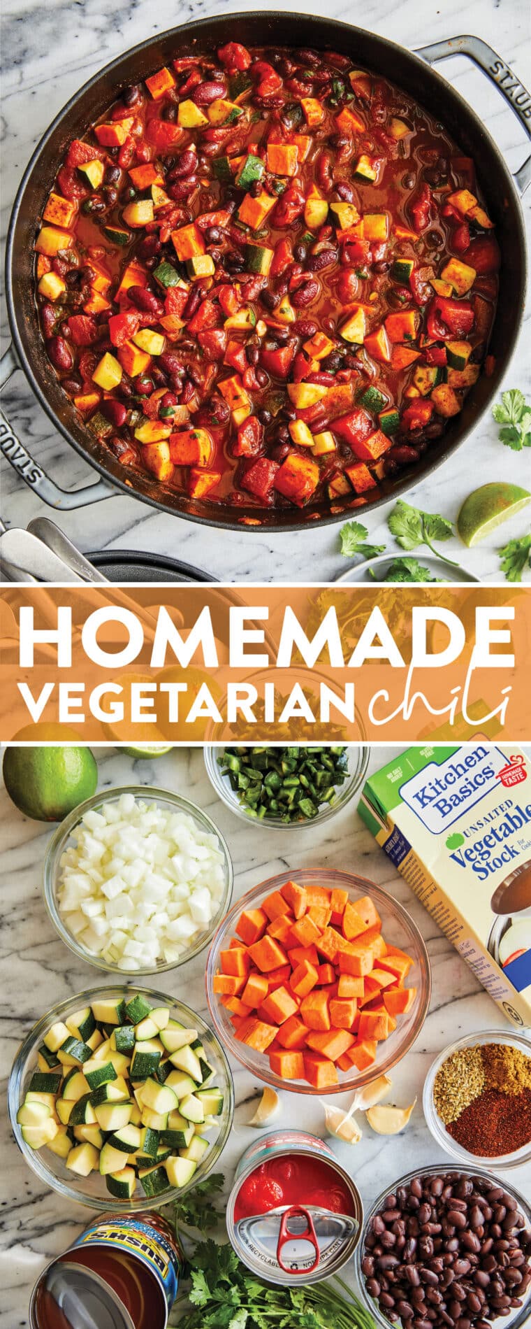 Homemade Vegetarian Chili - Truly the BEST vegetarian chili! Loaded with sweet potato, zucchini, beans + so much flavor! So hearty, so good.