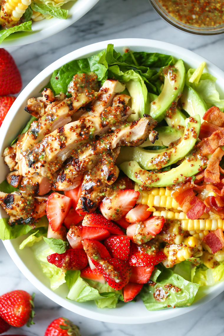 Honey Mustard Chicken Salad - Made with the juiciest, tender honey mustard chicken, romaine, strawberries, avocado and corn. And the dressing is perfection!