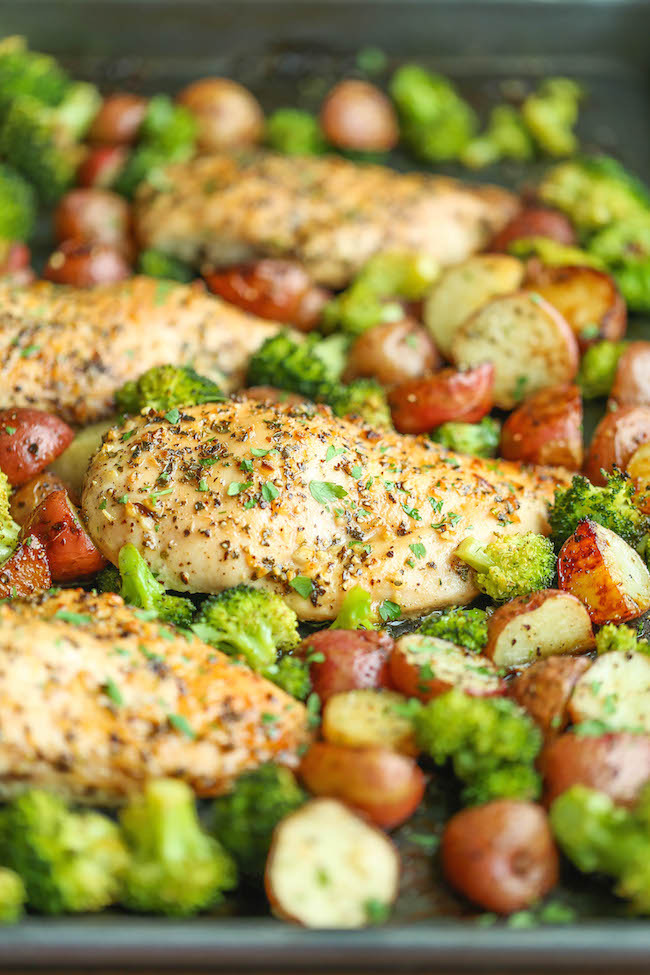 One Pan Honey Garlic Chicken and Veggies - Tender, juicy chicken breasts baked to perfection with potatoes and broccoli. All cooked on a single pan! EASY!