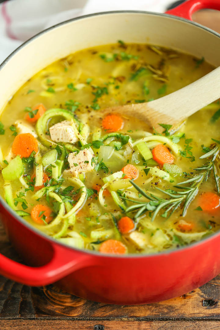 Chicken Zoodle Soup - Just like mom's cozy chicken noodle soup but made with zucchini noodles instead! So comforting AND healthy! 227.3 calories.