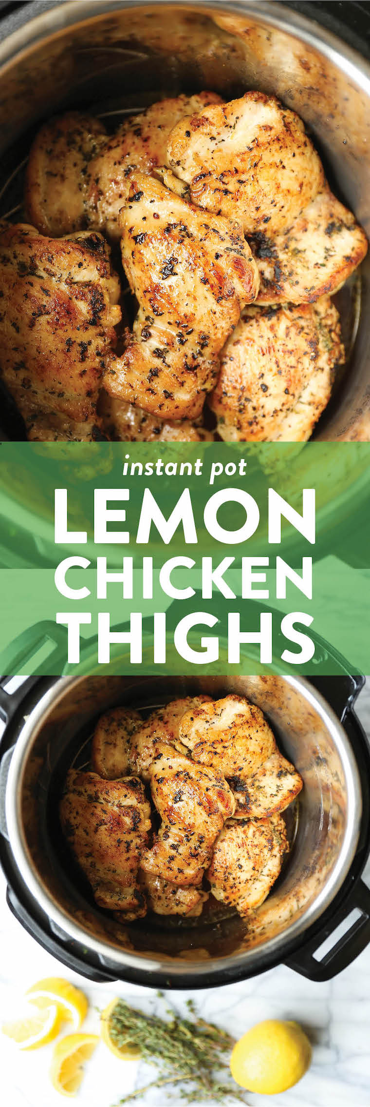 Instant Pot Lemon Chicken Thighs - Amazingly moist, tender, juicy lemon-thyme chicken, perfectly golden brown, made right in the IP in just 5 min! So quick!