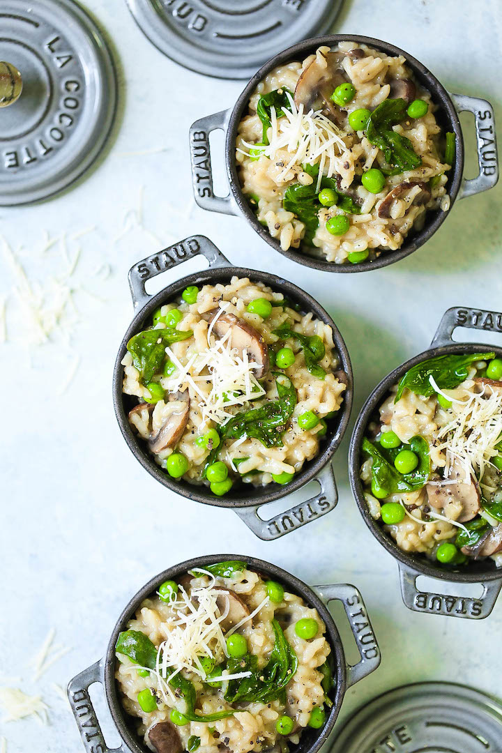 Instant Pot Mushroom Risotto - I promise, this is the EASIEST risotto you will ever make right in your pressure cooker without any stirring or any kind of fuss! The risotto comes out perfectly - amazingly rich and creamy, loaded with mushrooms, spinach, peas and freshly grated Parmesan!