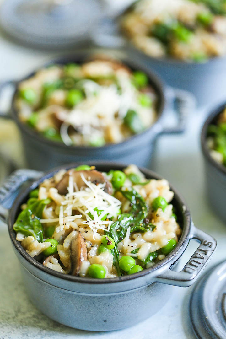 Instant Pot Mushroom Risotto - I promise, this is the EASIEST risotto you will ever make right in your pressure cooker without any stirring or any kind of fuss! The risotto comes out perfectly - amazingly rich and creamy, loaded with mushrooms, spinach, peas and freshly grated Parmesan!