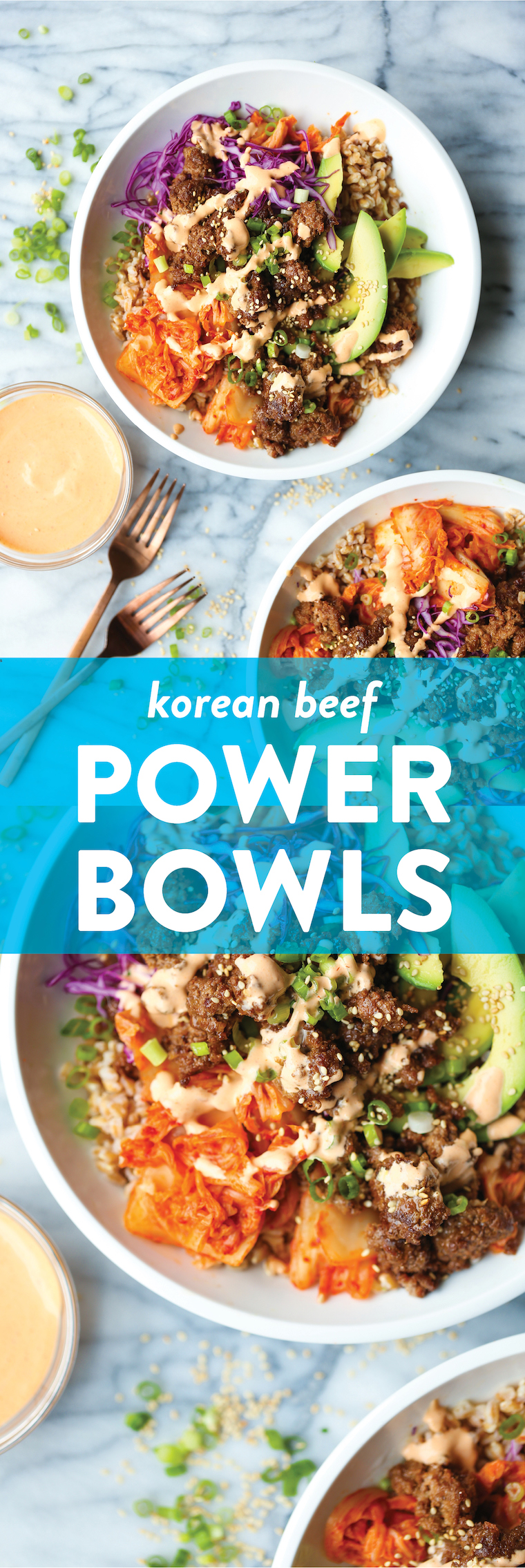 Korean Beef Power Bowls - With the easiest Korean beef, shredded cabbage, caramelized kimchi, avocado slices, and the best ever Sriracha mayo. SO SO BOMB.