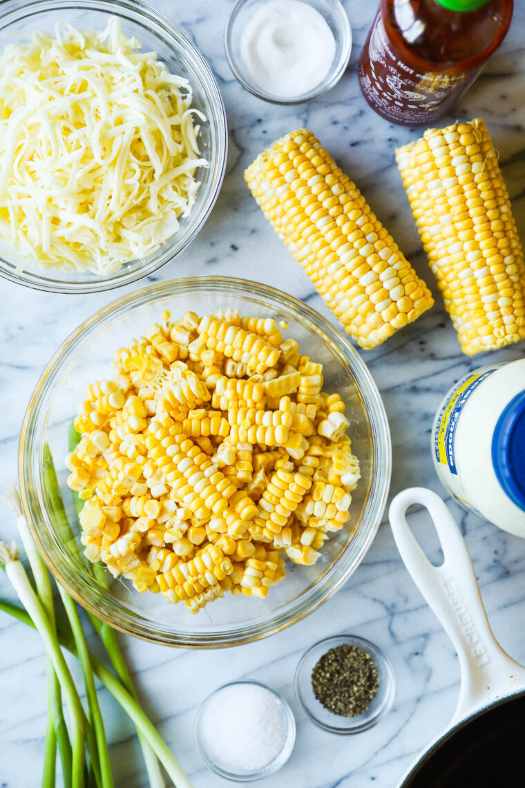 Korean Cheese Corn - Made in less than 30 min with fresh corn, mayo, Sriracha, and mozzarella. So cheesy, so creamy, and just so darn good!