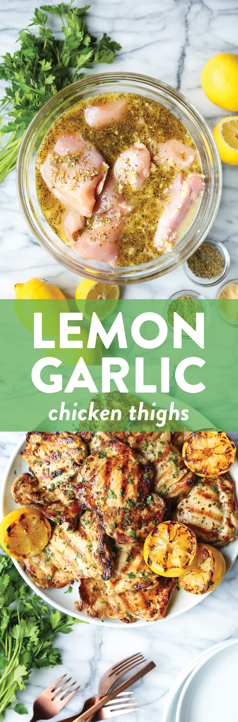 Lemon Garlic Chicken Thighs - Olive oil, lemon juice/zest, garlic, Dijon, oregano, thyme. THE BEST marinade ever. Made on the grill or stovetop. SO SO GOOD.