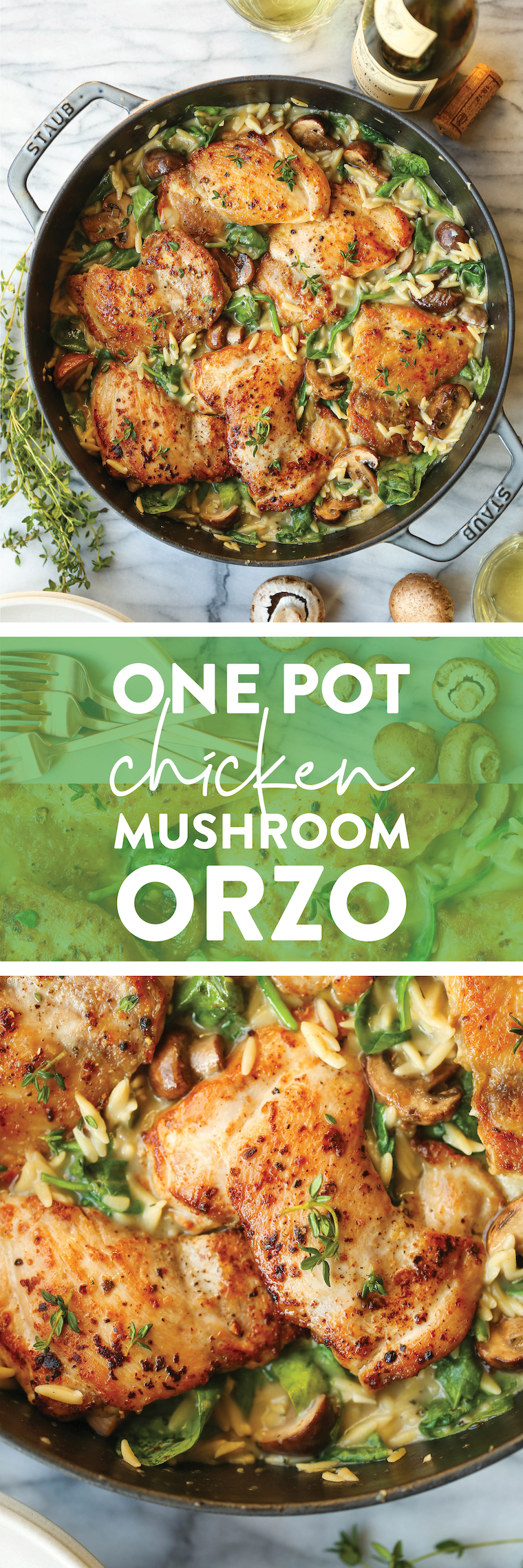 One Pot Chicken and Mushroom Orzo - Amazingly creamy orzo with juicy chicken, mushrooms and baby spinach. All made in one skillet, even the uncooked pasta!