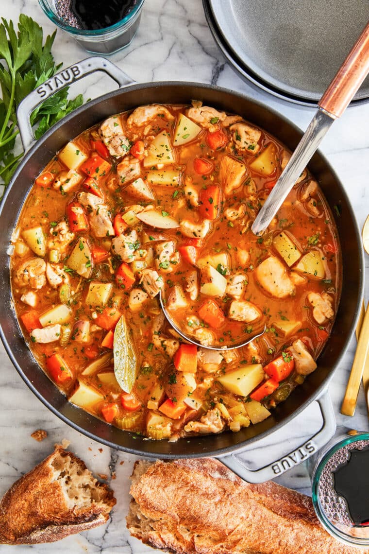 One Pot Chicken Stew - So hearty, comforting and cozy! Loaded with tender chicken, potatoes and veggies. Serve with crusty bread or biscuits.