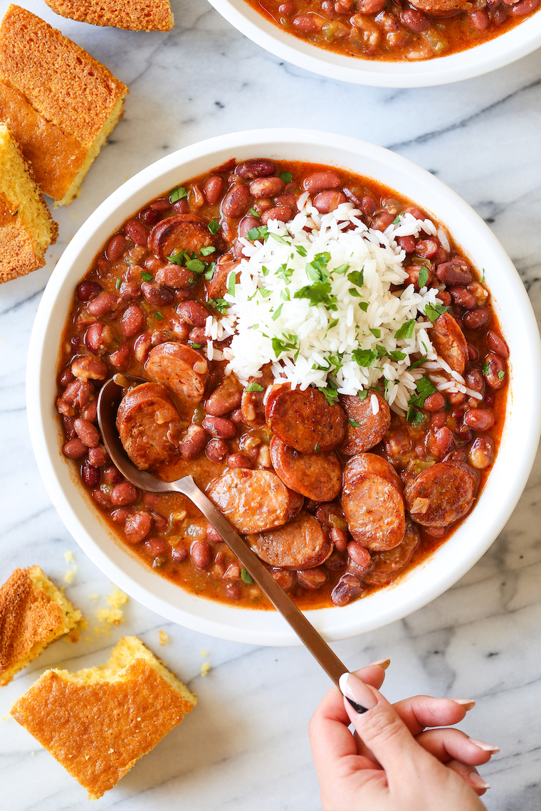 Red Beans and Rice - So thick, so creamy and so flavorful! The beans are cooked just right - perfectly tender, served with rice and smoky andouille sausage.