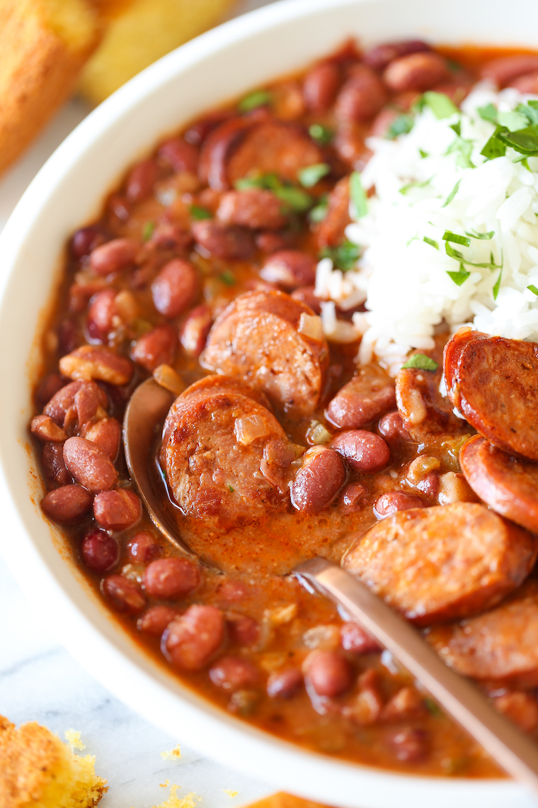 Red Beans and Rice - So thick, so creamy and so flavorful! The beans are cooked just right - perfectly tender, served with rice and smoky andouille sausage.