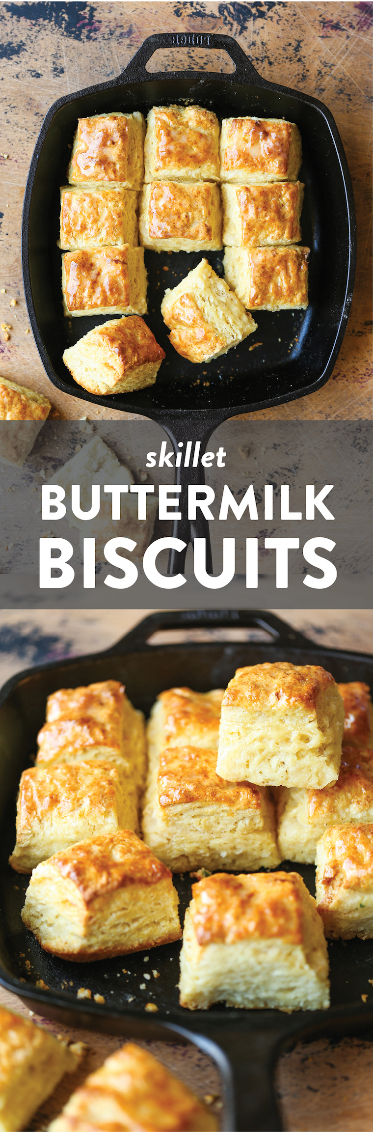 Skillet Buttermilk Biscuits - The most flaky, mile-high, buttery biscuits ever! Requires only 6 ingredients and baked in a skillet in under 45 minutes!