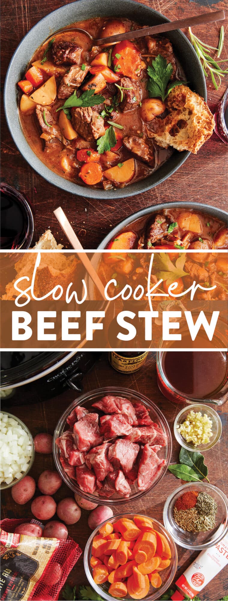 Slow Cooker Beef Stew - Everyone's favorite cozy beef stew made in the crockpot! The meat is SO TENDER and the stew is rich, chunky + hearty!