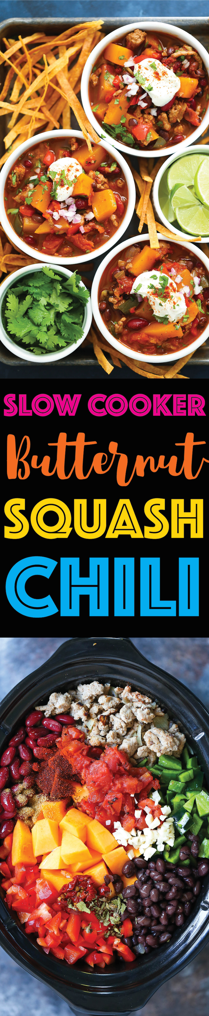 Slow Cooker Butternut Squash Chili - Just 20 min prep! Then you can come home to a cozy, hearty, comforting butternut squash turkey chili in the crockpot!