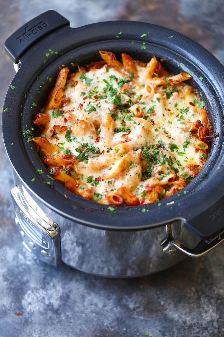 Slow Cooker Chicken Parmesan Pasta - Save time/effort and make everyone's FAVORITE Italian dish in your crockpot. You can also freeze half for another meal!