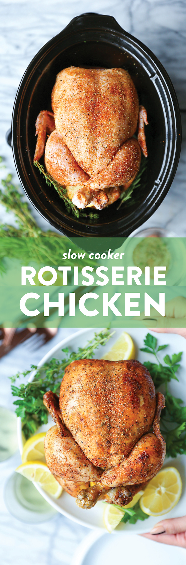 Slow Cooker Rotisserie Chicken - No more store-bought chicken! Nope, you can make this in the crockpot with only 15 min prep. So tender, moist and juicy!