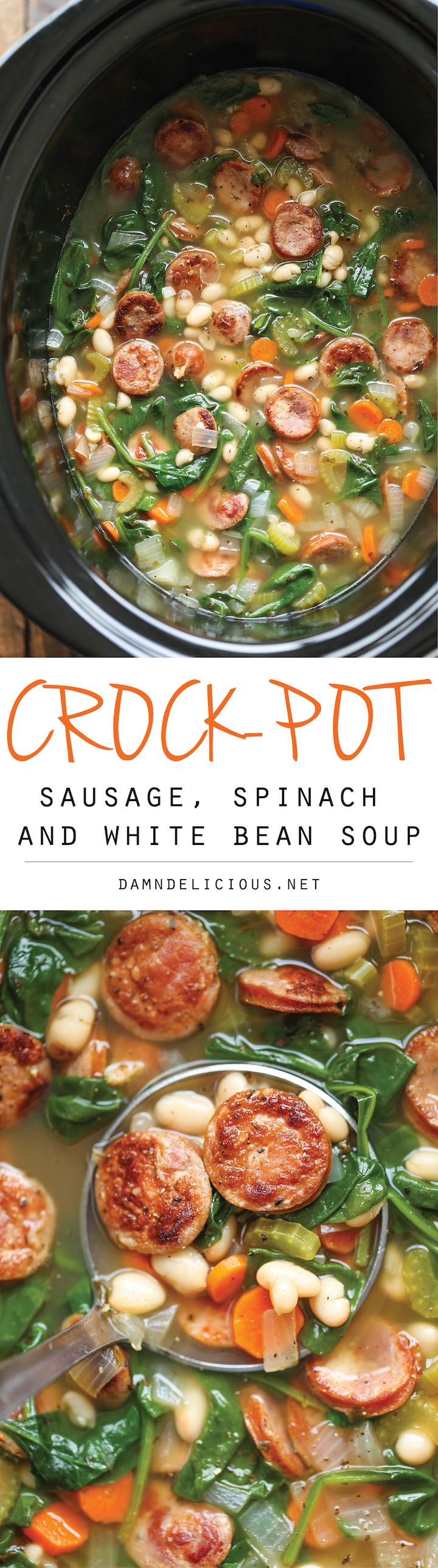 Slow Cooker Sausage, Spinach and White Bean Soup - So hearty, so comforting, and so easy to make right in the crock-pot with just 10 min prep. Easy peasy!