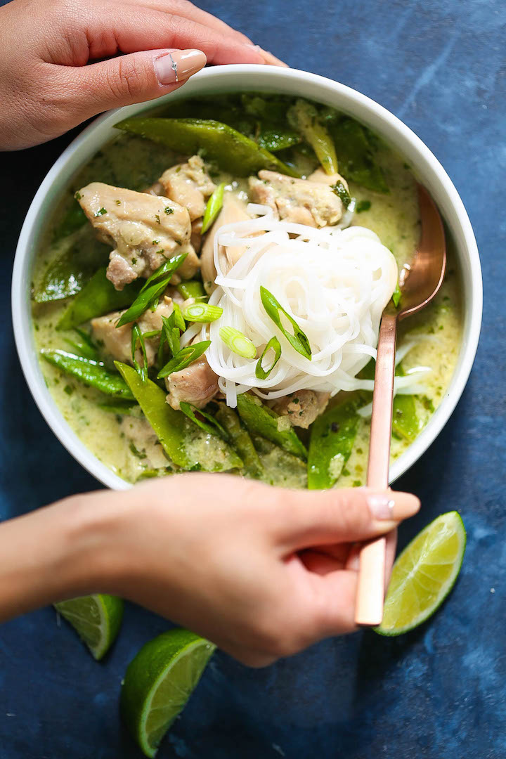 Thai Green Curry Chicken Soup - Everyone's favorite Thai green curry can be made right at home into the coziest, most comforting chicken soup ever! It is so easy to make with easy-to-find ingredients, loaded with tender chicken bites, ginger, coconut milk, snow peas, lime juice, cilantro and rice noodles!