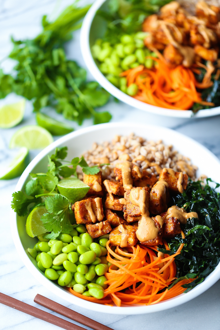 Tofu Power Bowls - Nutritious, flavor-packed veggie power bowls with crispy baked tofu, kale, edamame, carrots + THE BEST creamy peanut sauce of your life!