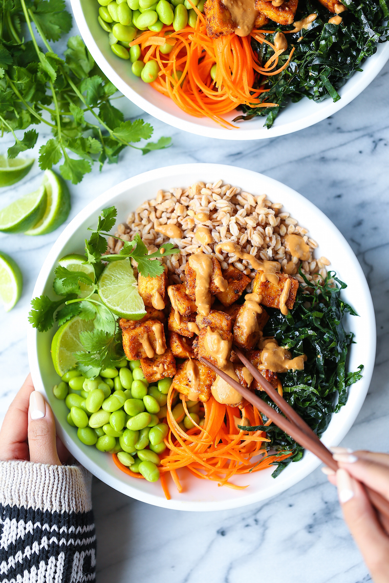 Tofu Power Bowls - Nutritious, flavor-packed veggie power bowls with crispy baked tofu, kale, edamame, carrots + THE BEST creamy peanut sauce of your life!